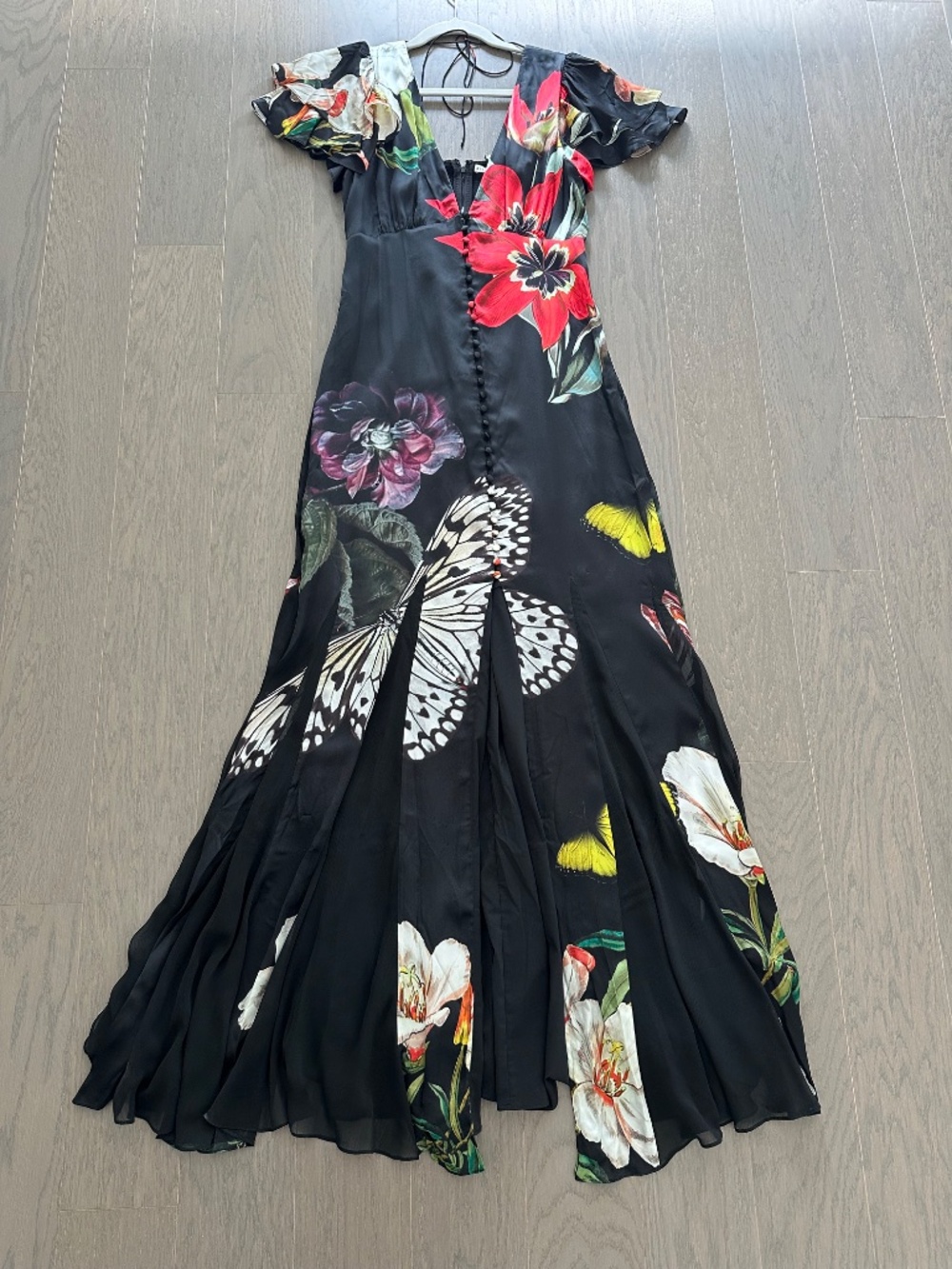 Alice + Olivia FARA Black Floral Butterfly Flutter Sleeve Maxi Dress - Size 2 - Picture 4 of 12